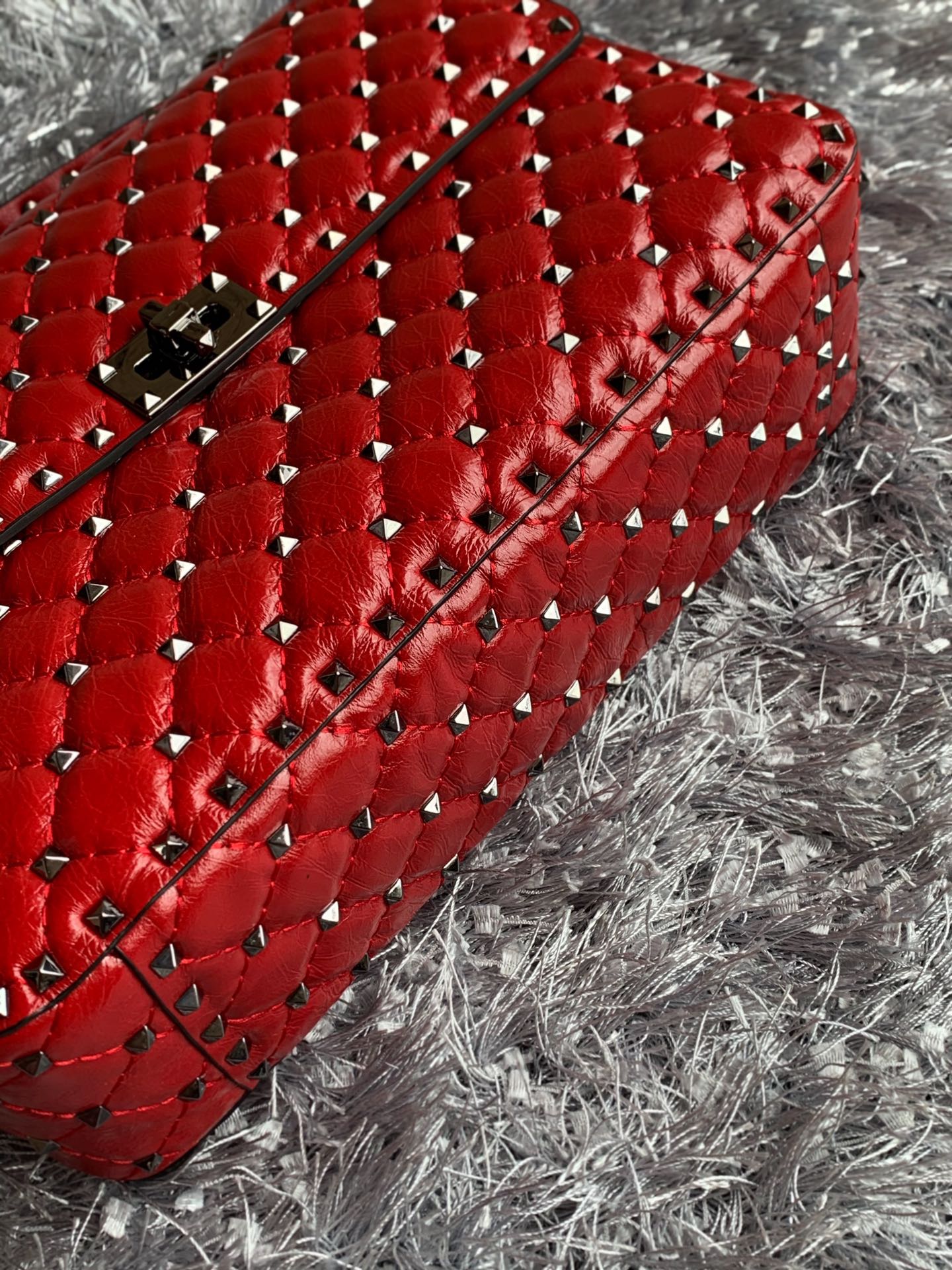 Valentino Garavani Rockstud Spike Big Chain Bag in Red Supple Lambskin Nappa